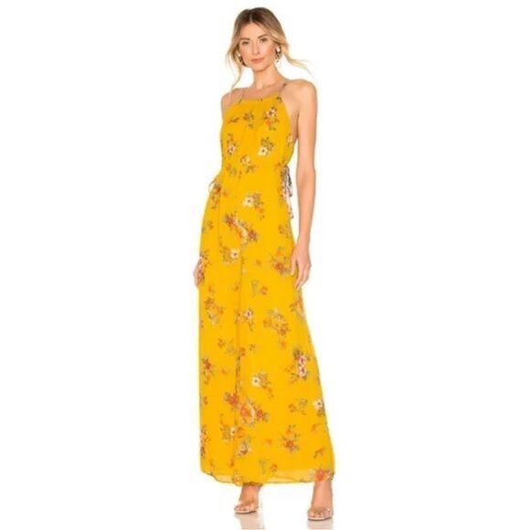 Free People Georgia Floral Chiffon Sleeveless Wide Leg Jumpsuit Gold Combo Sz S - Picture 6 of 15